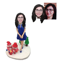 Custom Bobblehead Lady in Blue Dress with Snowman on Base