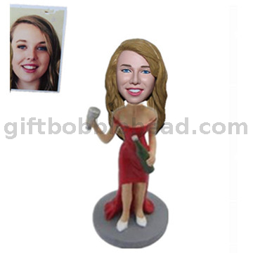Custom Female Bobblehead Lady in Red Dress with Beer