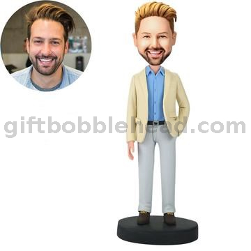  Man in Khaki Coat with Hand in Pocket Bobblehead Doll Custom