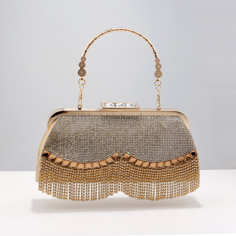 Diamond Inlaid Dinner Bag, Elegant Gold Fabric Hand Bag with Removable Chain, Shiny Gold Wedding Bag, Gold Clutch Purse